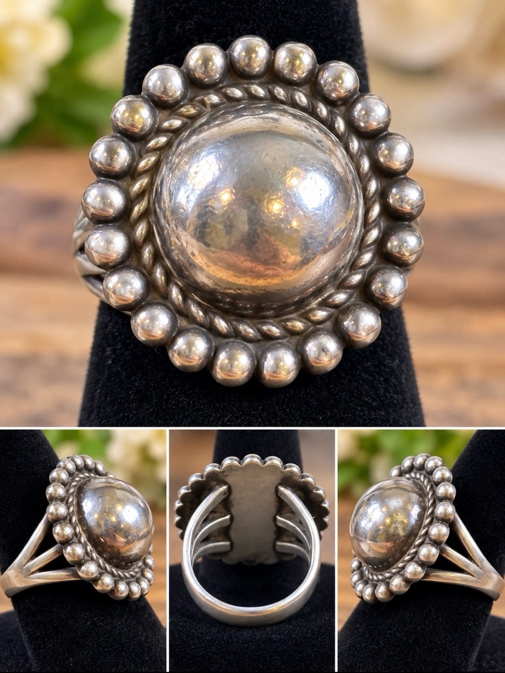 Sterling Silver Dome Bead Border Statement Ring - Silver